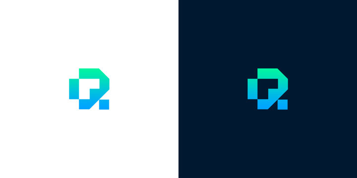 Modern and abstract pixelated letter D logo design concept in vibrant green and blue gradients, perfect for tech and digital brands