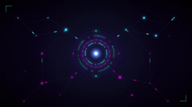 Glowing neon circle, purple blue concentric rings, futuristic technology background, abstract motion graphics element