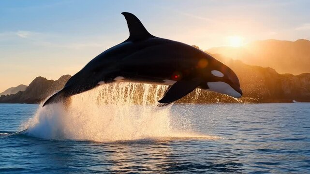 Killer whale leaping from the ocean at sunset near a rocky coastline, symbolizing power, freedom, majesty, nature, aquatic life, agility, and wild beauty