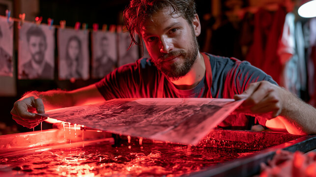 Darkroom technician holding a dripping black-and-white enlargement print under red safelight glow, developer tray rippling with chemical solution, clothesline of drying portraits visible behind, per