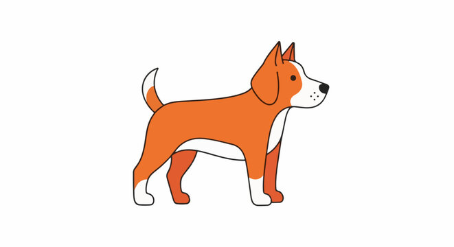 Orange and white cartoon dog with pointy ears, standing sideways
