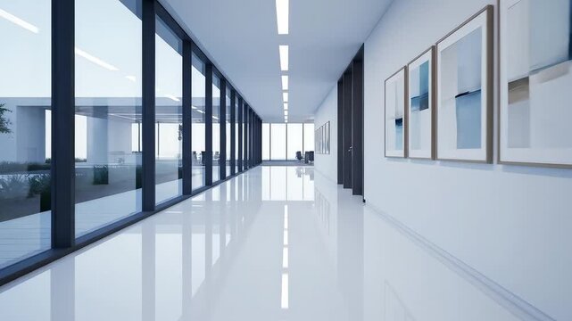 Modern office hallway with glass walls symbolizing the limitless potential of digital design
