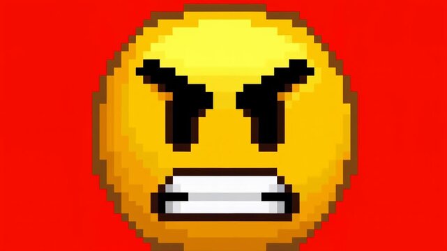Slow zoom in of pixel art angry emoji grimacing and clenching teeth on red background close up digital illustration