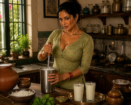 Indian Housewife Making Fresh Lassi in Traditional Kitchen During Hot Summer Day Wearing Green Printed Kurti