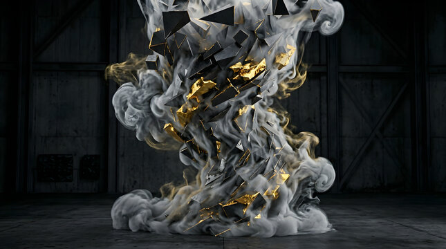 Grey and gold explosion in a dark warehouse