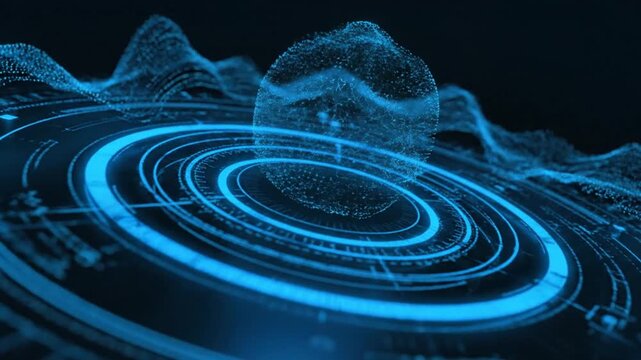 Blue Futuristic HUD Interface with Rotating Rings and Particle Sphere 3D Animation for Technology Background