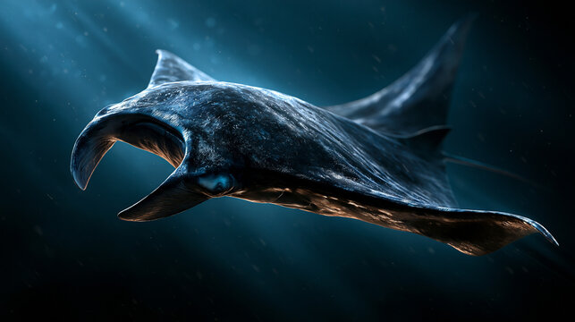 Creature from the deep ocean, a large prehistoric marine animal with sharp teeth