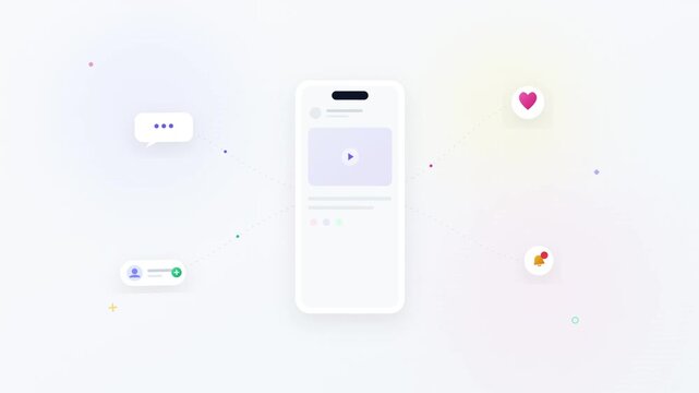 Mobile app interface, white smartphone screen, UI elements, colorful icons