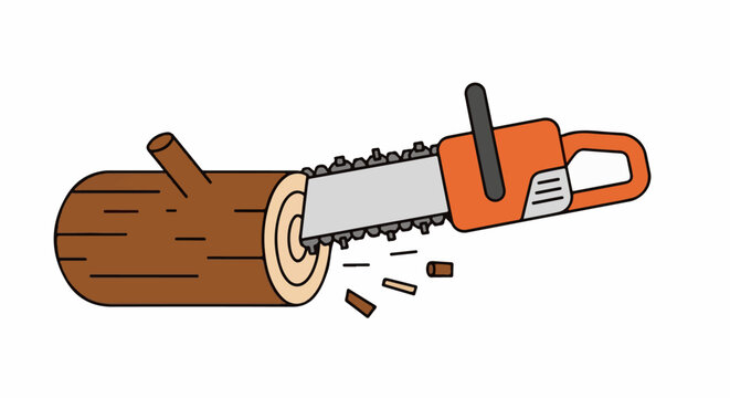 Orange chainsaw cutting a brown log with wood chips flying