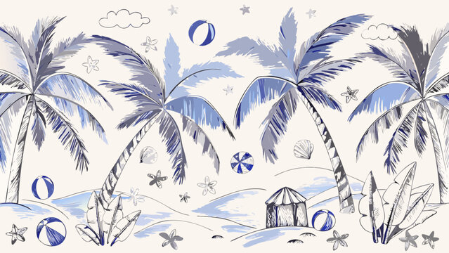 Blue and white tropical beach scene with palm trees and beach items
