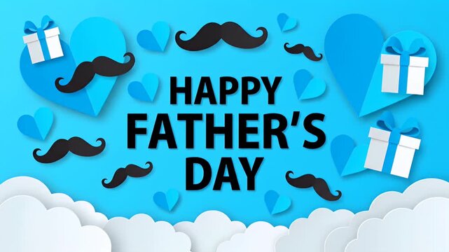 Happy Father's Day greeting with blue hearts and mustaches in paper cut style design