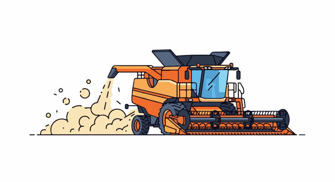 Orange combine harvester collecting grain, creating dust clouds