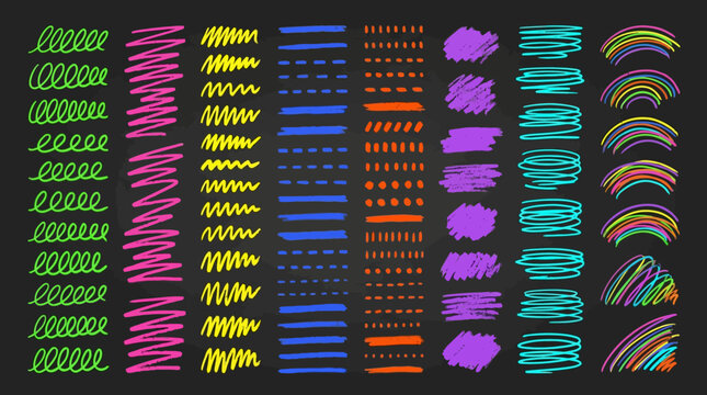 Colorful hand-drawn scribble and underline brush stroke collection on a dark charcoal background