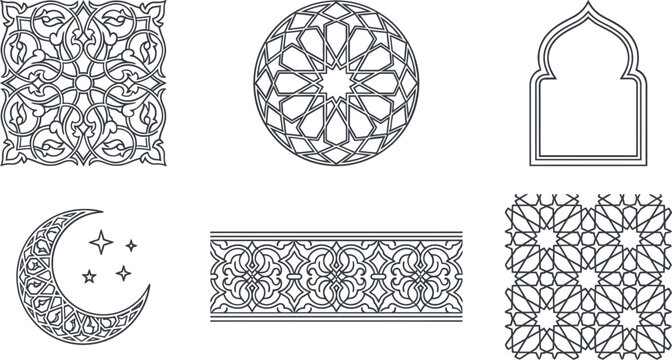 Set of islamic geometric patterns and symbols in linear style including arabesque ornament and crescent with stars.
