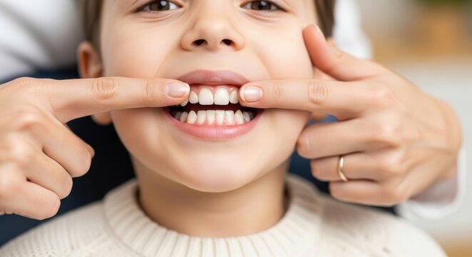 Child showing teeth with hands pulling lips apart