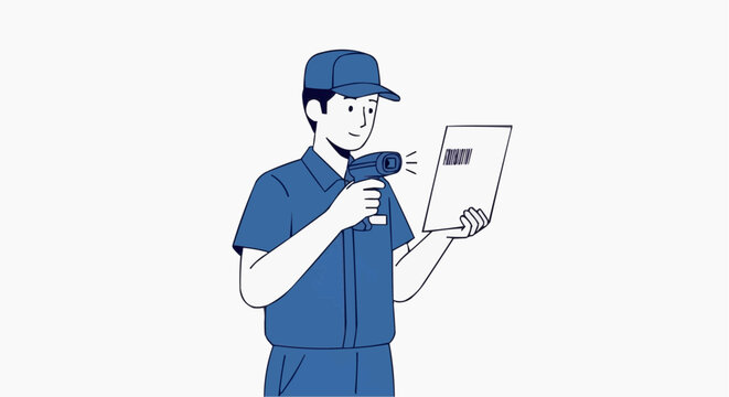 Man scanning barcode on paper with handheld scanner in White background