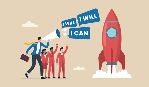 Willpower to be success, entrepreneur hero say I will and I can to achieve two toffee in to success team man red rocket