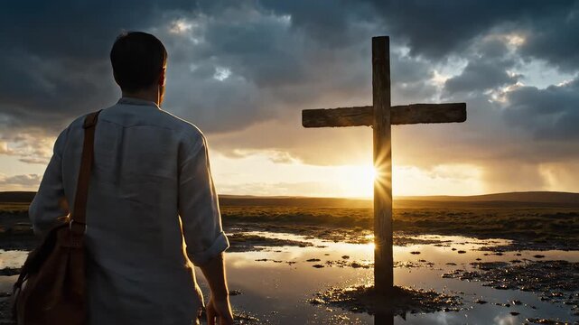 Man facing wooden cross at sunset representing the awe-inspiring power of nature