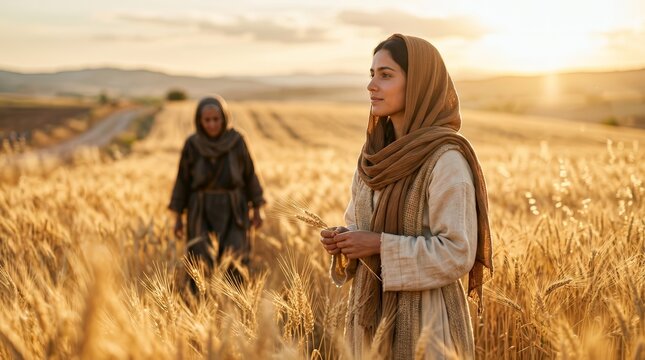 Ruth and Naomi, Biblical characters, standing amidst tall golden wheat with a blurred background.