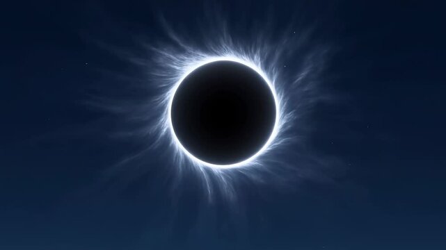 Slow pan tracking shot of solar eclipse with glowing corona and moon silhouette in night sky above horizon
