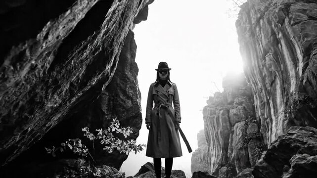 Mysterious figure in trench coat and mask stands between rock formations, looking intimidating in a cinematic shot