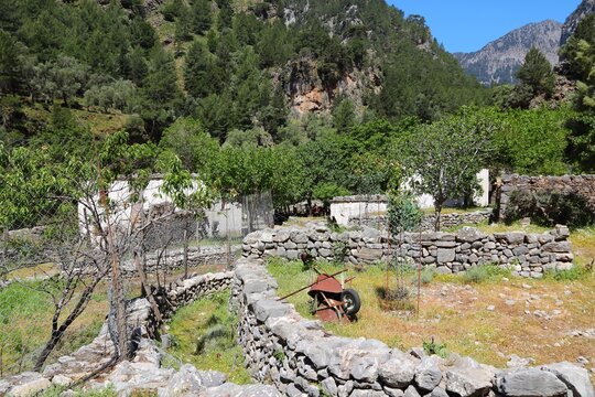 Crete island in Greece. Partially abandoned village in Samaria Gorge in Lefka Ori mountains.