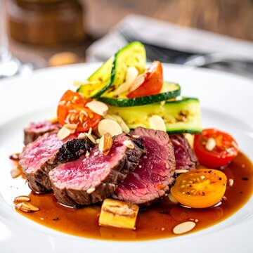 Fine dining dry aged beef filet steak rare tataki style cut tagliata with sliced zucchini, tomato and almonds