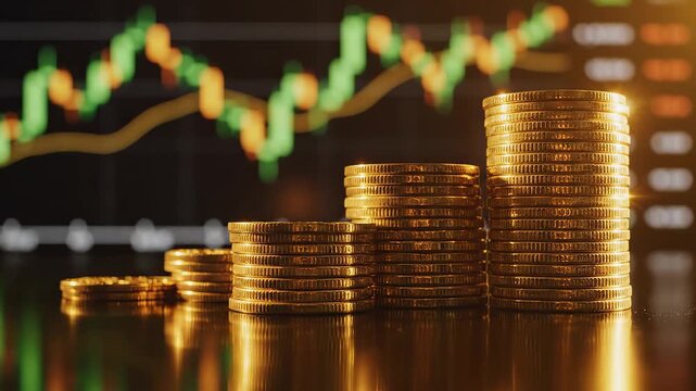 Stacks of gold coins with financial chart representing business agility and economic progress