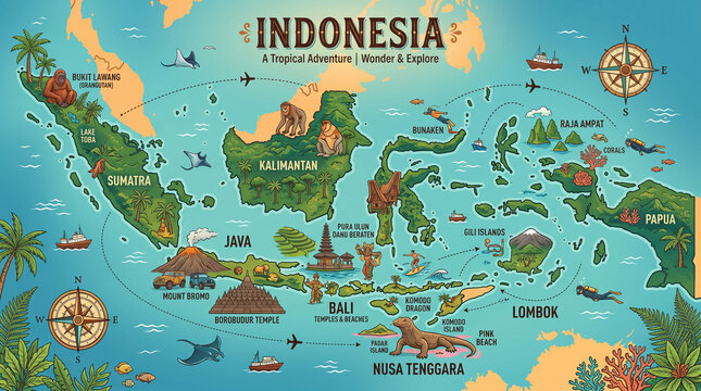 Illustrated map of Indonesia highlighting popular tourist destinations and wildlife
