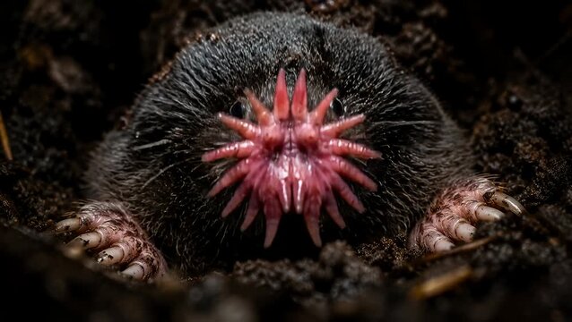 Unseen Pathways Concept, Star-Nosed Mole Macro Portrait Emerging from Dark Soil, Sensory Biology, Blind Spot Navigation, Data Mining and Niche Problem Solving Imagery