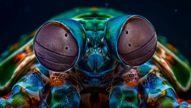 Peacock Mantis Shrimp Compound Eyes in Macro Underwater Portrait, Vibrant Spectrum Sensor Concept for Advanced Optics, Display Technology and Business Intelligence