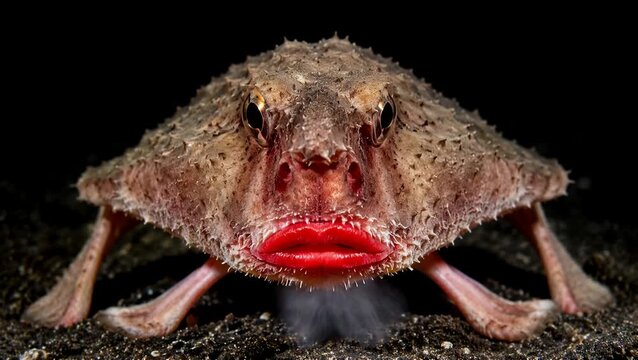 Disruptive red-lipped batfish macro portrait on dark ocean floor, quirky deep-sea wildlife concept for bold cosmetics, standout marketing, and unusual advertising hooks