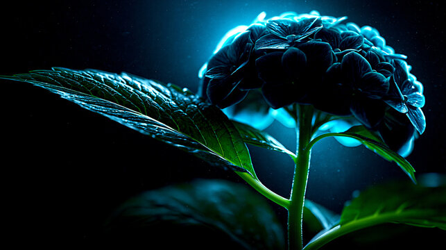 Close-up of a blue hydrangea flower with water droplets and dark background, hydrangea