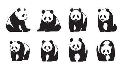 Naklejka premium Collection of panda silhouettes in various poses against a white background symbolizing nature and wildlife conservation