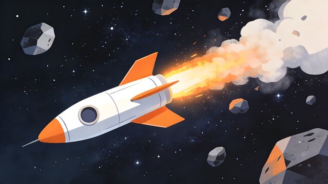 Rocket in space with asteroids