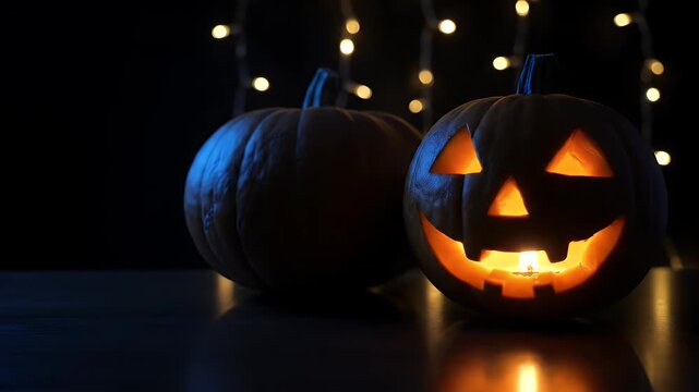 halloween jack o lantern pumpkins glowing with candle light on dark bokeh background