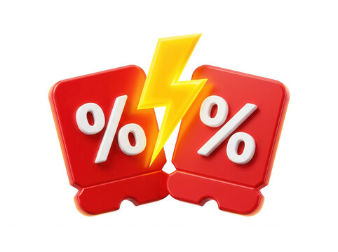 3d render of two red discount coupon tags with percent symbols separated by a yellow lightning bolt icon, representing a flash sale or limited time offer, isolated on transparent background