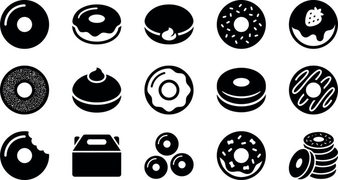 Black and white donuts and pastries icons collection on white background