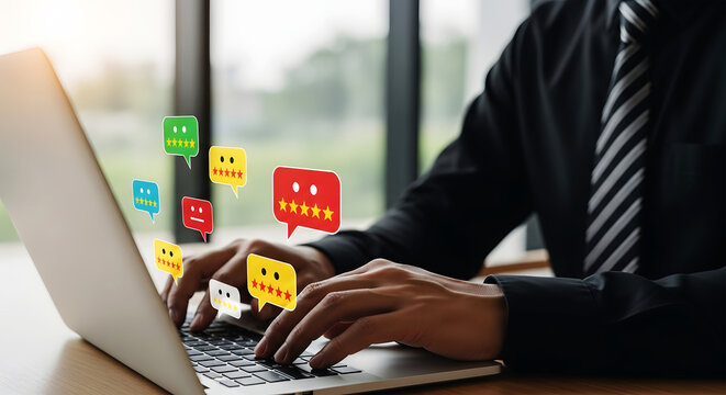 Businessman typing on laptop with floating feedback review icons and stars image