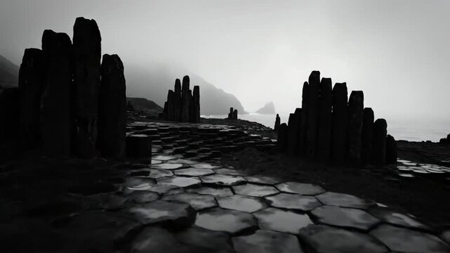 Dramatic black and white landscape of hexagonal basalt columns with a foggy seascape background in monochrome
