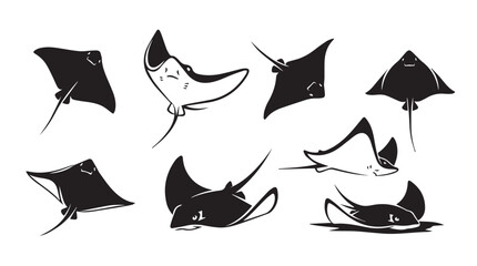 Fototapeta premium Diverse stingray silhouettes swimming against a bright white background in a collection