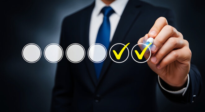 Businessman in dark suit and blue tie marks items on a digital checklist image
