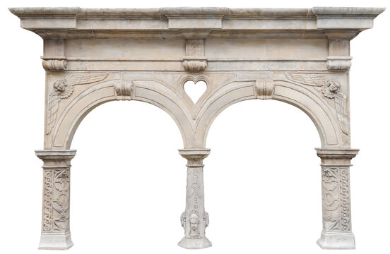Vintage Double Arch Stucco Ornament With Winged Mascaron Face And Heart Shape Cutout Classic Architectural Relief