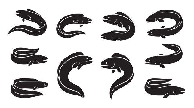 Eel silhouettes in various dynamic poses against a white background illustrating aquatic movement and marine life concepts