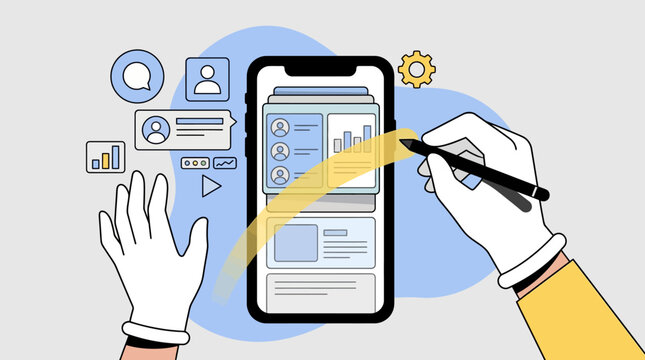 Flat vector illustration of mobile app design, digital content management, and UIUX editing