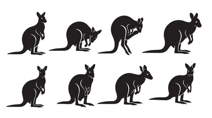 Obraz premium Eight Kangaroo Silhouettes in Various Poses Against White Background for Australian Wildlife Concepts
