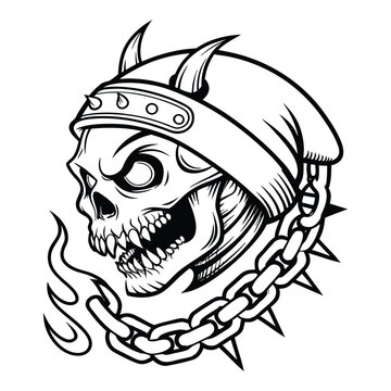 Black and white of a skull wearing a spiked headband and chain