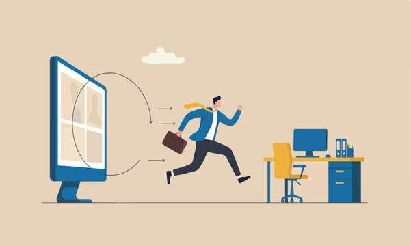 Ending COVID-19 lockdown, people back to work in the office, end remote working and return to work face to face concept, businessman jumping from remote video call running back work in the office