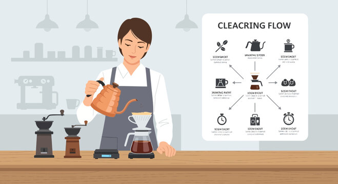 Woman pouring coffee from kettle.