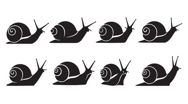 Eight snail silhouettes crawling slowly across a plain white background during daytime